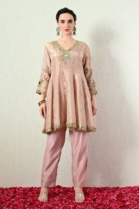 Shop_OHH CROW_Pink Tissue, Silk, Chanderi Silk, Organza Mirrors, Embroidered Peplum Kurta Set 
