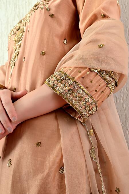 OHH CROW_Rose Gold Chanderi Silk, Organza Embroidery, Zari, Sequins Kurta Sharara Set _Online_at_Aza_Fashions