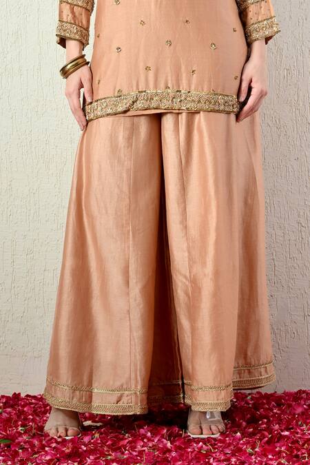 Buy_OHH CROW_Rose Gold Chanderi Silk, Organza Embroidery, Zari, Sequins Kurta Sharara Set _Online_at_Aza_Fashions