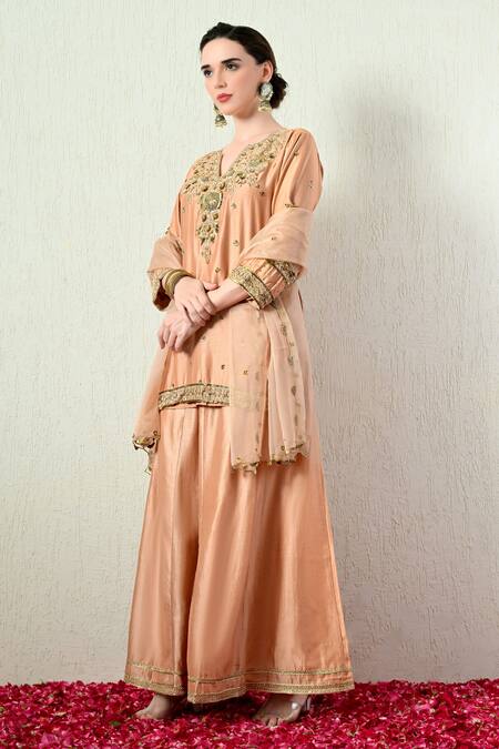 Shop_OHH CROW_Rose Gold Chanderi Silk, Organza Embroidery, Zari, Sequins Kurta Sharara Set _Online_at_Aza_Fashions