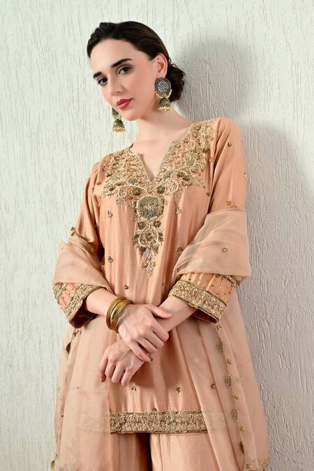 OHH CROW_Rose Gold Chanderi Silk, Organza Embroidery, Zari, Sequins Kurta Sharara Set _at_Aza_Fashions