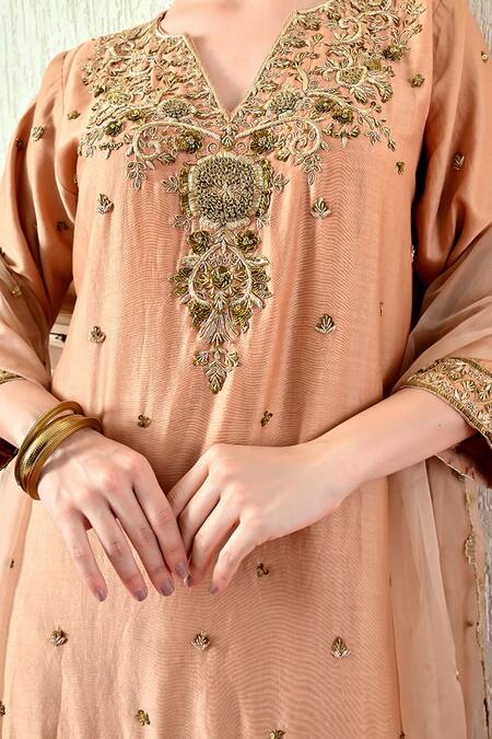 Buy_OHH CROW_Rose Gold Chanderi Silk, Organza Embroidery, Zari, Sequins Kurta Sharara Set 