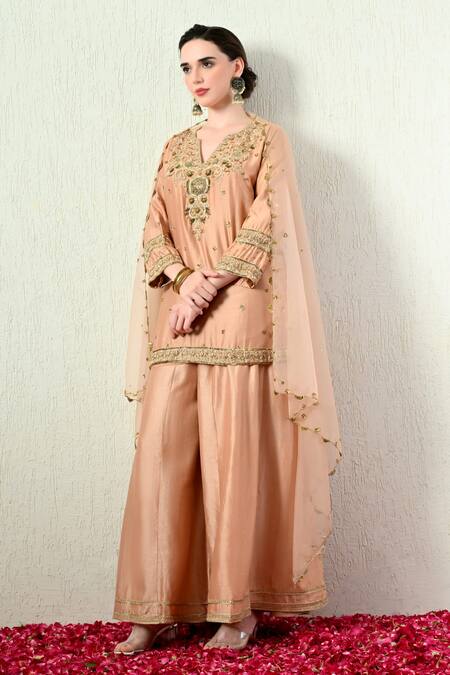 Shop_OHH CROW_Rose Gold Chanderi Silk, Organza Embroidery, Zari, Sequins Kurta Sharara Set 