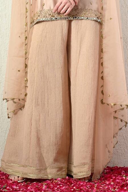 OHH CROW_Rose Gold Chanderi Silk, Crinkle, Organza Embroidery, Mirrors, Kurta Sharara Set _Online_at_Aza_Fashions