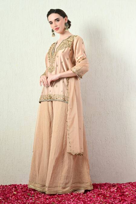Buy_OHH CROW_Rose Gold Chanderi Silk, Crinkle, Organza Embroidery, Mirrors, Kurta Sharara Set _Online_at_Aza_Fashions