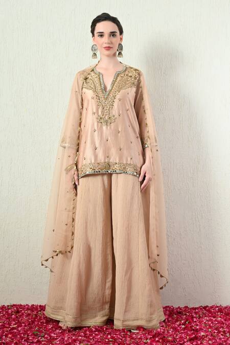 Shop_OHH CROW_Rose Gold Chanderi Silk, Crinkle, Organza Embroidery, Mirrors, Kurta Sharara Set _Online_at_Aza_Fashions