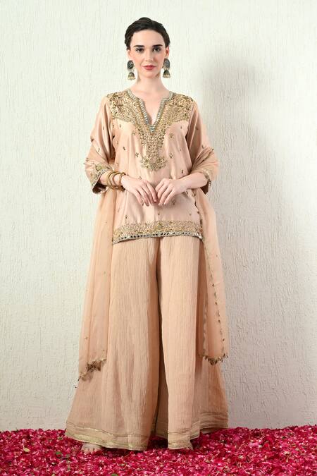 OHH CROW_Rose Gold Chanderi Silk, Crinkle, Organza Embroidery, Mirrors, Kurta Sharara Set _at_Aza_Fashions