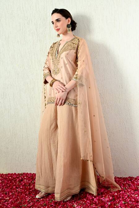 Buy_OHH CROW_Rose Gold Chanderi Silk, Crinkle, Organza Embroidery, Mirrors, Kurta Sharara Set 