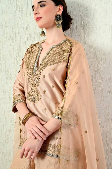 Shop_OHH CROW_Rose Gold Chanderi Silk, Crinkle, Organza Embroidery, Mirrors, Kurta Sharara Set 
