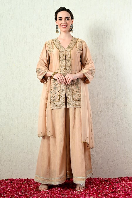 OHH CROW_Rose Gold Chanderi Silk, Organza Embroidery, Zari, Gota Patti Kurta Sharara Set _Online_at_Aza_Fashions