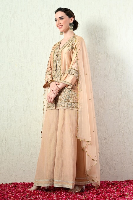 Buy_OHH CROW_Rose Gold Chanderi Silk, Organza Embroidery, Zari, Gota Patti Kurta Sharara Set _Online_at_Aza_Fashions