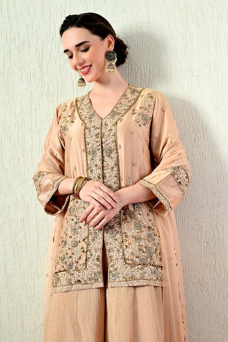 Shop_OHH CROW_Rose Gold Chanderi Silk, Organza Embroidery, Zari, Gota Patti Kurta Sharara Set _Online_at_Aza_Fashions
