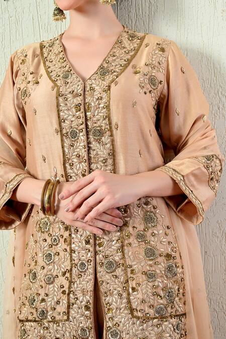 OHH CROW_Rose Gold Chanderi Silk, Organza Embroidery, Zari, Gota Patti Kurta Sharara Set _at_Aza_Fashions
