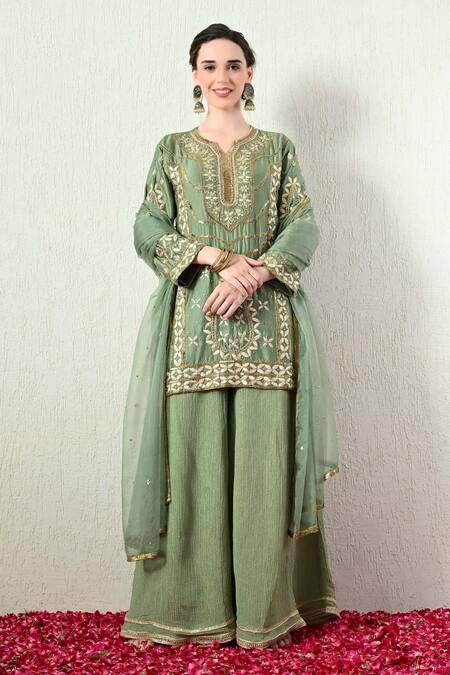 OHH CROW_Green Chanderi Silk, Tissue, Organza Embroidery, Sequins, Zari Kurta Sharara Set _Online_at_Aza_Fashions