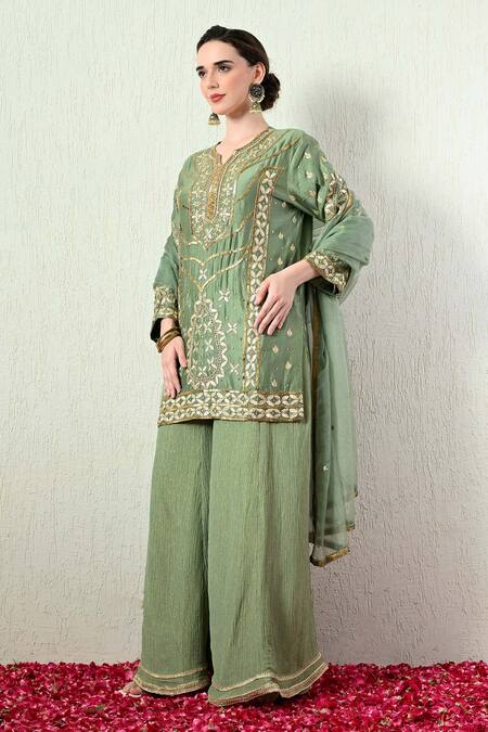 Buy_OHH CROW_Green Chanderi Silk, Tissue, Organza Embroidery, Sequins, Zari Kurta Sharara Set _Online_at_Aza_Fashions