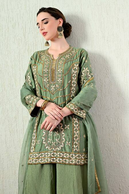 Shop_OHH CROW_Green Chanderi Silk, Tissue, Organza Embroidery, Sequins, Zari Kurta Sharara Set _Online_at_Aza_Fashions