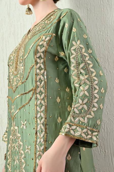 OHH CROW_Green Chanderi Silk, Tissue, Organza Embroidery, Sequins, Zari Kurta Sharara Set _at_Aza_Fashions