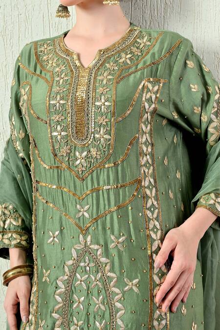 Buy_OHH CROW_Green Chanderi Silk, Tissue, Organza Embroidery, Sequins, Zari Kurta Sharara Set 