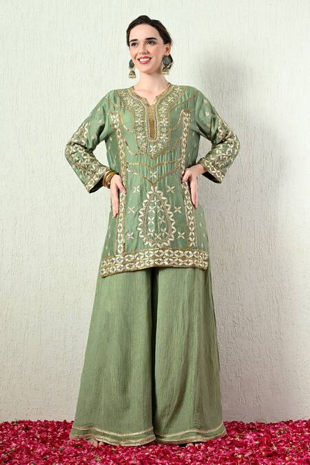 Shop_OHH CROW_Green Chanderi Silk, Tissue, Organza Embroidery, Sequins, Zari Kurta Sharara Set 