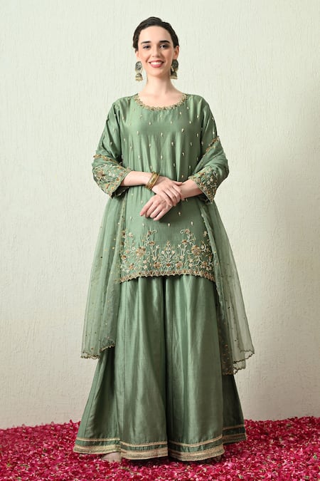 OHH CROW Chanderi Silk Embroidered Kurta Sharara Set 