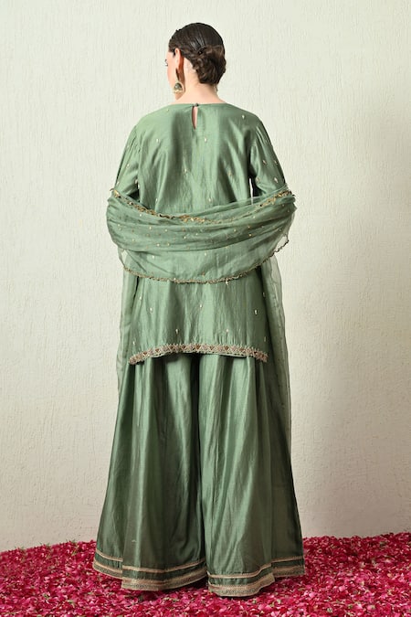 OHH CROW Chanderi Silk Embroidered Kurta Sharara Set 