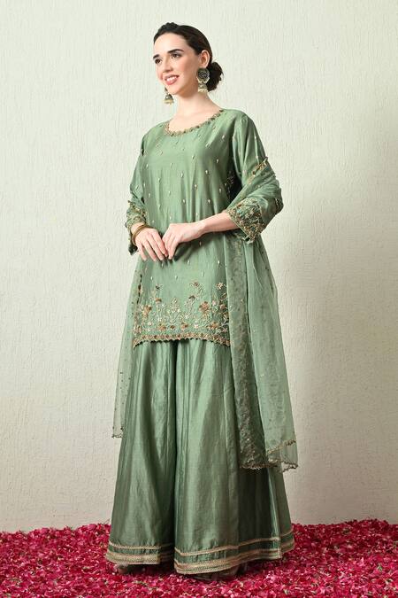 OHH CROW_Green Chanderi Silk, Organza Embroidery, Zari Round Neck Kurta Sharara Set _Online_at_Aza_Fashions