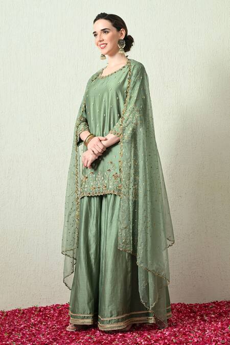 Shop_OHH CROW_Green Chanderi Silk, Organza Embroidery, Zari Round Neck Kurta Sharara Set _Online_at_Aza_Fashions