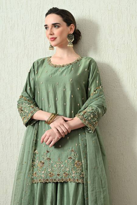 OHH CROW_Green Chanderi Silk, Organza Embroidery, Zari Round Neck Kurta Sharara Set _at_Aza_Fashions