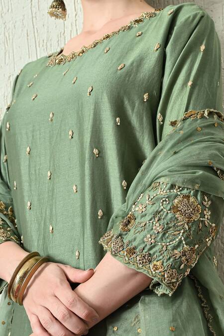 Shop_OHH CROW_Green Chanderi Silk, Organza Embroidery, Zari Round Neck Kurta Sharara Set 