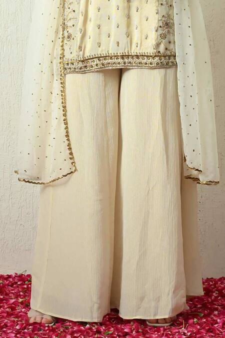 OHH CROW_Ivory Tissue, Silk, Crinkle, Organza Embroidery, Beads, Kurta Crush Sharara Set _Online_at_Aza_Fashions