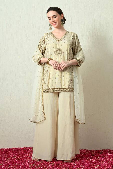 Buy_OHH CROW_Ivory Tissue, Silk, Crinkle, Organza Embroidery, Beads, Kurta Crush Sharara Set _Online_at_Aza_Fashions