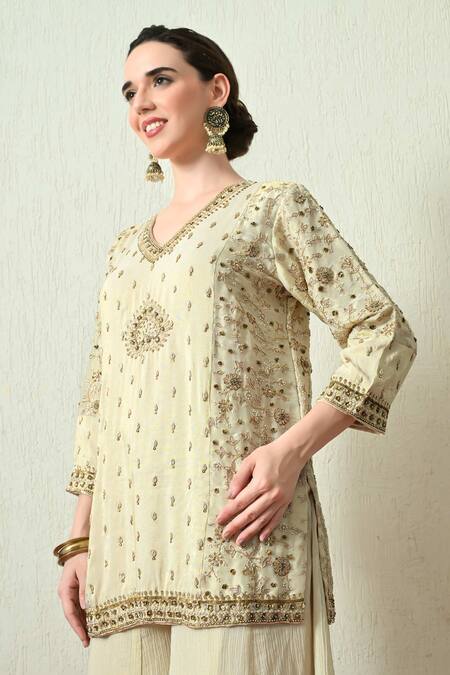 OHH CROW_Ivory Tissue, Silk, Crinkle, Organza Embroidery, Beads, Kurta Crush Sharara Set _at_Aza_Fashions