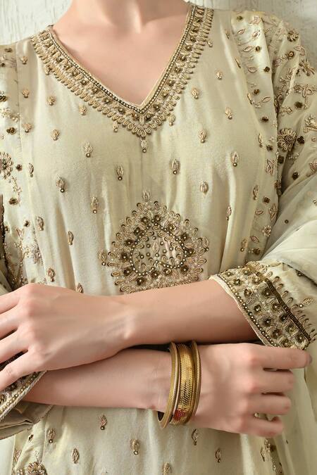 Buy_OHH CROW_Ivory Tissue, Silk, Crinkle, Organza Embroidery, Beads, Kurta Crush Sharara Set 