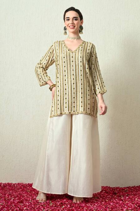 Shop_OHH CROW_Ivory Chanderi Silk, Organza Embroidery, Sequins, Zari V-neck Kurta Set _Online_at_Aza_Fashions