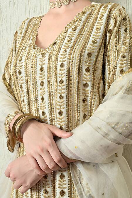 Shop_OHH CROW_Ivory Chanderi Silk, Organza Embroidery, Sequins, Zari V-neck Kurta Set 