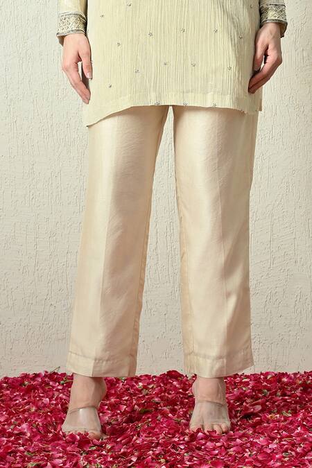 OHH CROW_Ivory Tissue, Silk, Chanderi Silk, Organza Embroidery, Sequins Crush Kurta Set _Online_at_Aza_Fashions