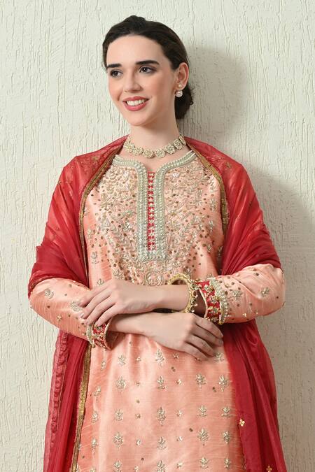 OHH CROW_Peach Silk, Shantoon, Organza Embroidery, Sequins, Beads, Zari Raw Kurta Set _Online_at_Aza_Fashions