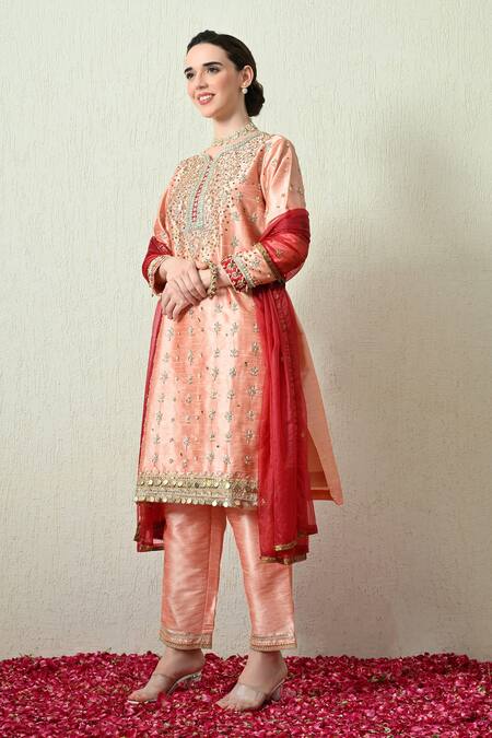 Buy_OHH CROW_Peach Silk, Shantoon, Organza Embroidery, Sequins, Beads, Zari Raw Kurta Set _Online_at_Aza_Fashions