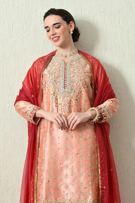 Shop_OHH CROW_Peach Silk, Shantoon, Organza Embroidery, Sequins, Beads, Zari Raw Kurta Set _Online_at_Aza_Fashions