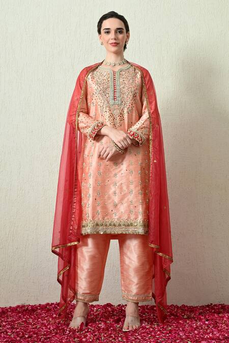 OHH CROW_Peach Silk, Shantoon, Organza Embroidery, Sequins, Beads, Zari Raw Kurta Set _at_Aza_Fashions