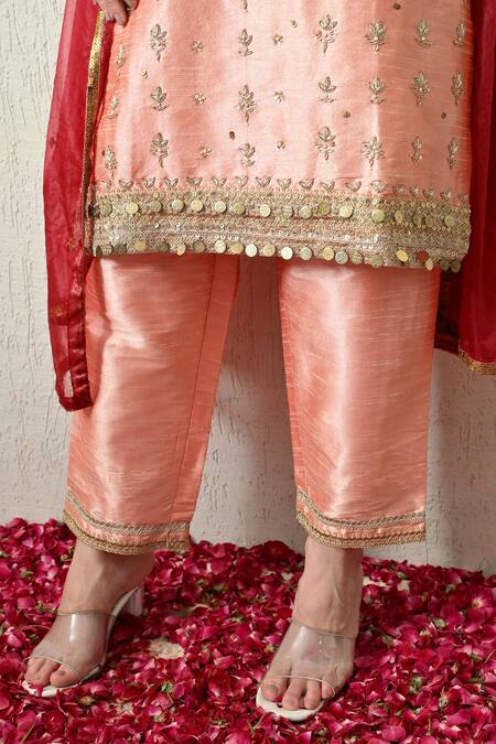 Shop_OHH CROW_Peach Silk, Shantoon, Organza Embroidery, Sequins, Beads, Zari Raw Kurta Set 