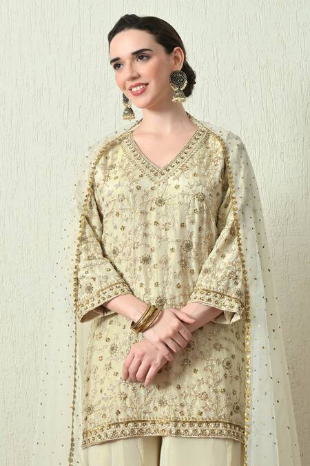 OHH CROW_Ivory Organza Embroidery, Zari V-neck Kurta Sharara Set _Online_at_Aza_Fashions