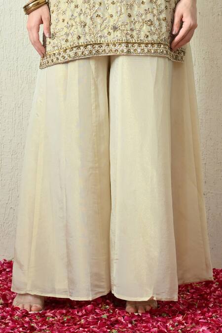 Shop_OHH CROW_Ivory Organza Embroidery, Zari V-neck Kurta Sharara Set _Online_at_Aza_Fashions