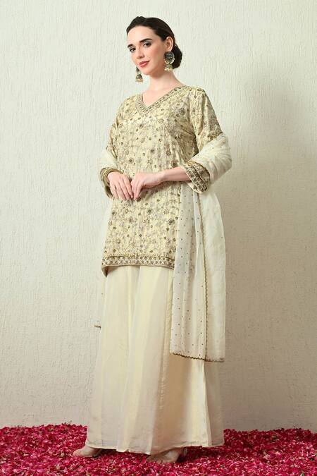 OHH CROW_Ivory Organza Embroidery, Zari V-neck Kurta Sharara Set _at_Aza_Fashions