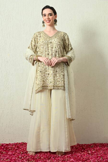 Buy_OHH CROW_Ivory Organza Embroidery, Zari V-neck Kurta Sharara Set 
