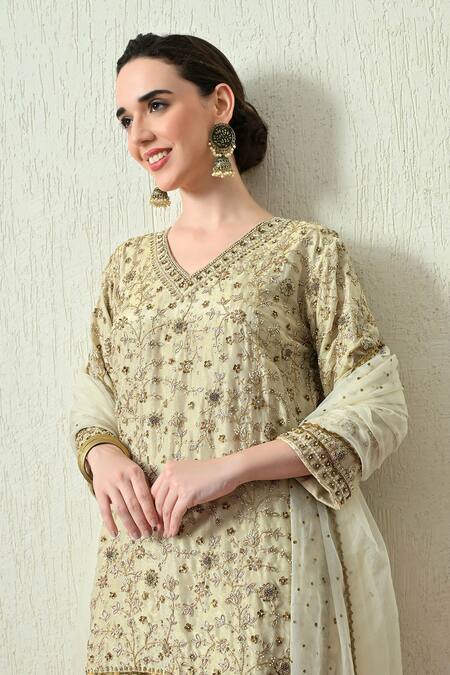 Shop_OHH CROW_Ivory Organza Embroidery, Zari V-neck Kurta Sharara Set 