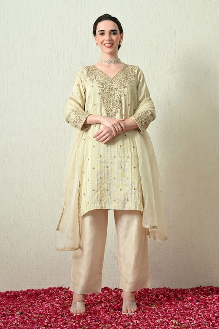 OHH CROW Embroidered Crush Tissue Silk Kurta Set 