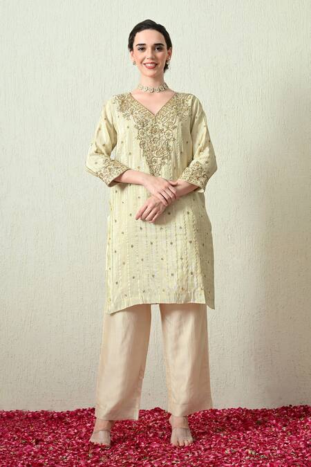 OHH CROW_Ivory Tissue, Silk, Chanderi Silk, Organza Embroidery, Zari, Crush Kurta Set _at_Aza_Fashions