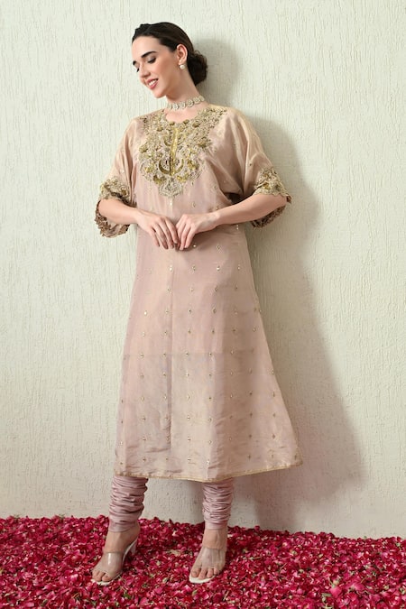 OHH CROW_Pink Tissue, , Chanderi Embroidery, Sequins, Beads Mandarin Kurta Set _Online_at_Aza_Fashions