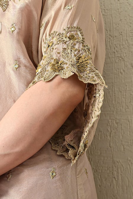 Buy_OHH CROW_Pink Tissue, , Chanderi Embroidery, Sequins, Beads Mandarin Kurta Set _Online_at_Aza_Fashions